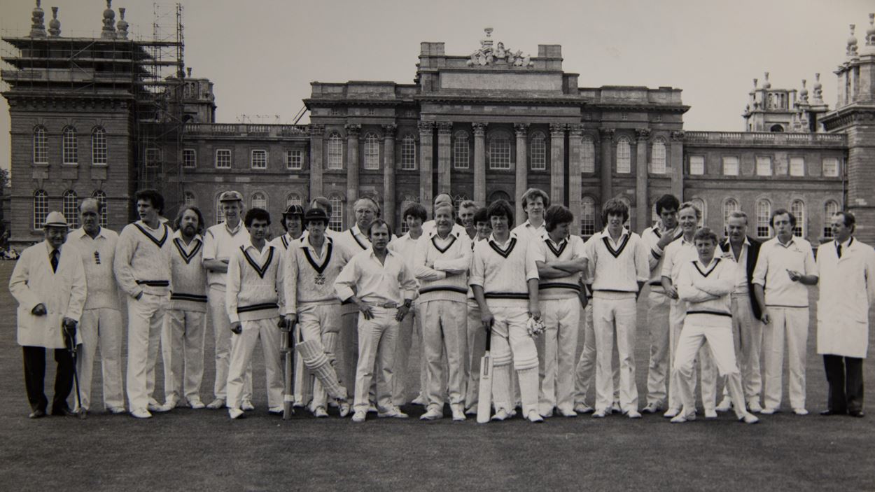 Taverners XI v Oxford University at Blenheim Palace, 25 May 1980. Including Sir Tim Rice, Brian Close and Nicholas Parsons.jpg
