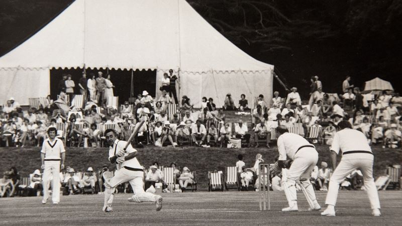 Dennis Compton batting at Arundel Castle, John Snow in the distance. Wicket-keeper David Frost, 1st slip is XXX was always a special occasion.jpg
