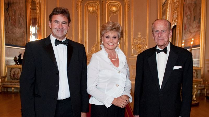Chris Cowdrey, Angela Rippon and HRH the Duke of Edinburgh at the 2012 Windsor Castle Dinner.JPG