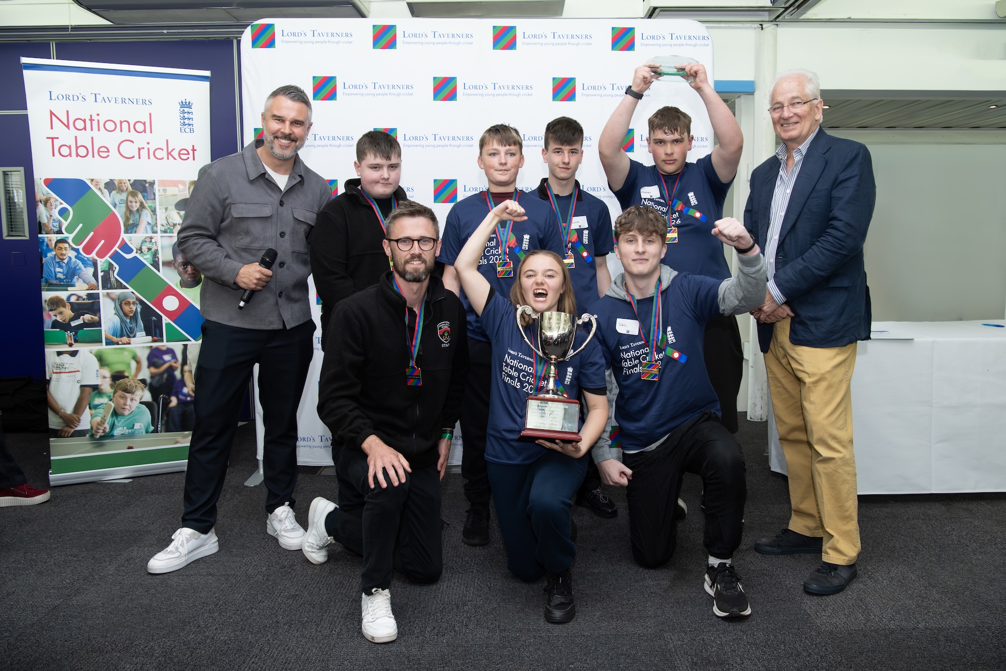 National Table Cricket Champions 2026 Newton Bridge Academy with Pete Graves and David Gower.jpeg