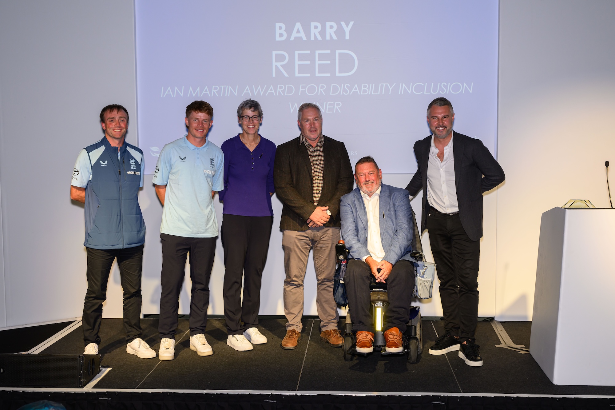 Jonny Gale, Ollie Pope, Lucy Pearson, Barry Reed, Ian Martin and Pete Graves stood on stage next to each other.jpg